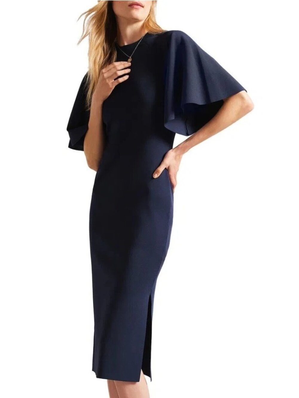 NWT Ted Baker Womens Size 14 Fluted Sleeve Knitted Body Con Midi Dress Dark Blue